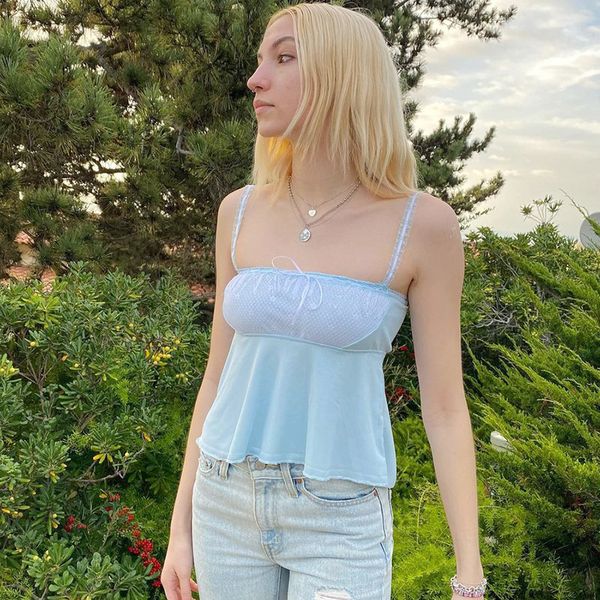 2021 lace mesh stitching short camisole blue women fashion clothing sleeveless streetwear suspender p6lr, White
2021 lace mesh stitching short camisole blue women fashion clothing sleeveless streetwear suspender p6lr, White