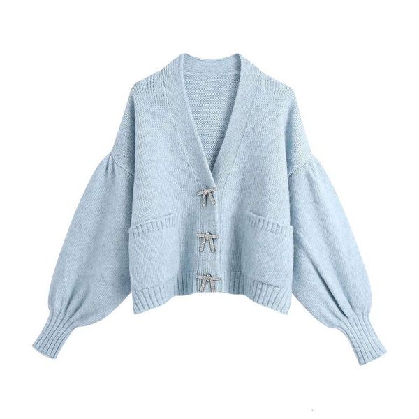 2021 new women's artificial bow button bubble sleeve loose knit jacket 024614, White;black
2021 new women's artificial bow button bubble sleeve loose knit jacket 024614, White;black