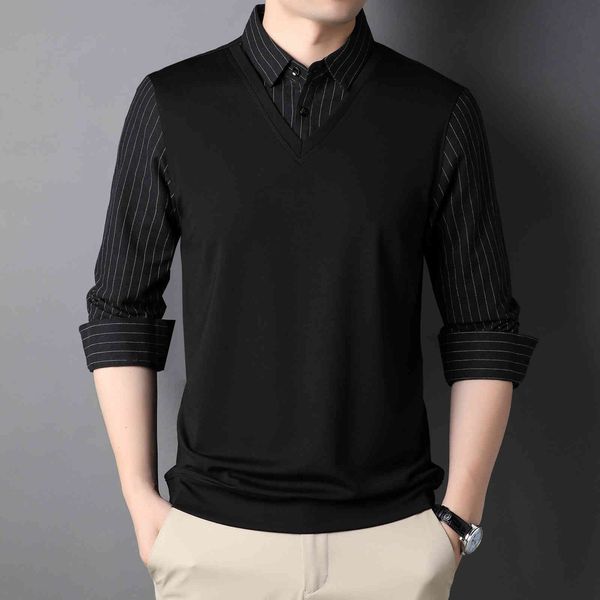 2021 spring fake two shirts middle-aged busins casual lapel stripe long sleeve men's t-shirt, Black
2021 spring fake two shirts middle-aged busins casual lapel stripe long sleeve men's t-shirt, Black