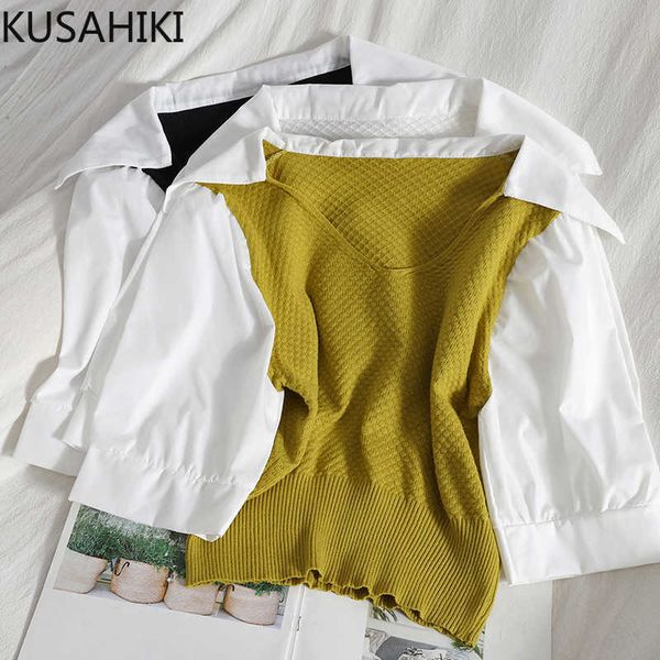 kusahiki patchwork hit color puff sleeve turn-down collar pullover knitwear summer korean short knitted 6h412 210602, White;black 
kusahiki patchwork hit color puff sleeve turn-down collar pullover knitwear summer korean short knitted 6h412 210602, White;black