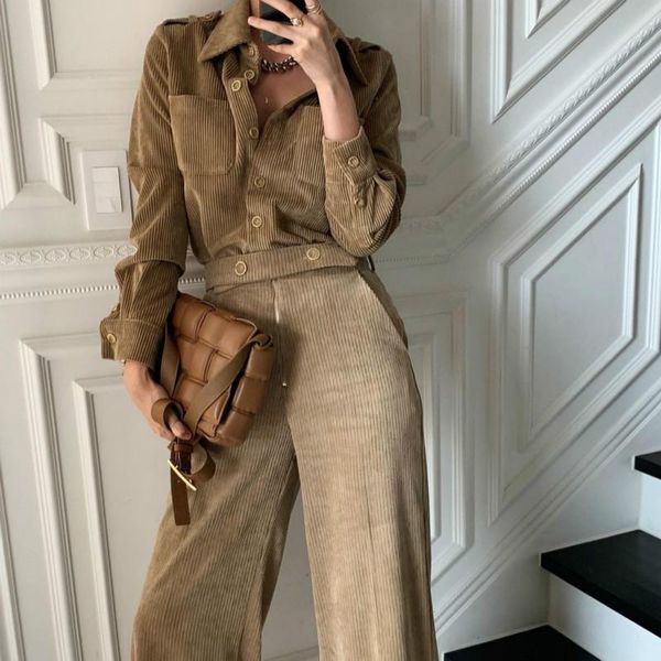 women's two piece outfits solid single breasted pit shirts with pockets sashes loose wide leg pants matching sets autumn winter, White 
women's two piece outfits solid single breasted pit shirts with pockets sashes loose wide leg pants matching sets autumn winter, White