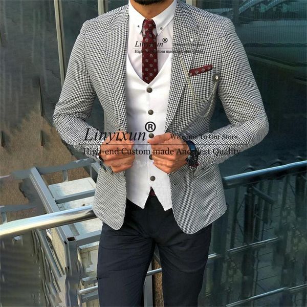 men's suits & blazers houndstooth plaid slim fit men peaked laple classic 3 pieces groom wedding tuxedos jacket pants vest set costume, White;black
men's suits & blazers houndstooth plaid slim fit men peaked laple classic 3 pieces groom wedding tuxedos jacket pants vest set costume, White;black