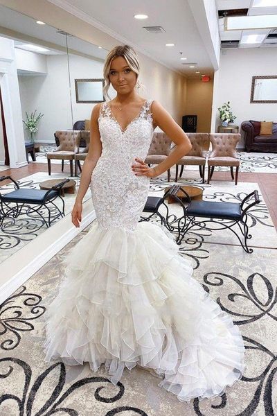 gorgeous v neck sleeveless mermaid wedding dresses plus size cascading ruffles lace bridal gowns robes de mariée vestidos de mariee, White
gorgeous v neck sleeveless mermaid wedding dresses plus size cascading ruffles lace bridal gowns robes de mariée vestidos de mariee, White
