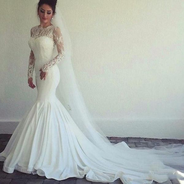 saudi arabic long sleeves mermaid lace wedding dresses 2021 with appliques jewel neck court train satin bridal gowns vestidos de novia, White
saudi arabic long sleeves mermaid lace wedding dresses 2021 with appliques jewel neck court train satin bridal gowns vestidos de novia, White