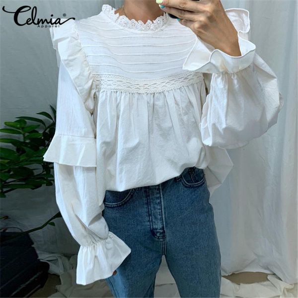 women's blouses & shirts s-5xl celmia 2021 fashion solid sweet retro women casual long flare sleeve loose and ladies elegant blusas, White
women's blouses & shirts s-5xl celmia 2021 fashion solid sweet retro women casual long flare sleeve loose and ladies elegant blusas, White