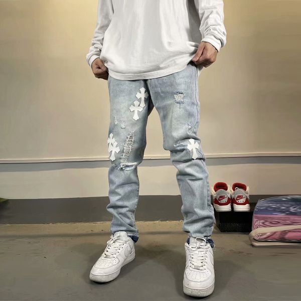 jeans high street cross patching cloth hole washing men's trend slim fitting small foot casual pants, Blue
jeans high street cross patching cloth hole washing men's trend slim fitting small foot casual pants, Blue