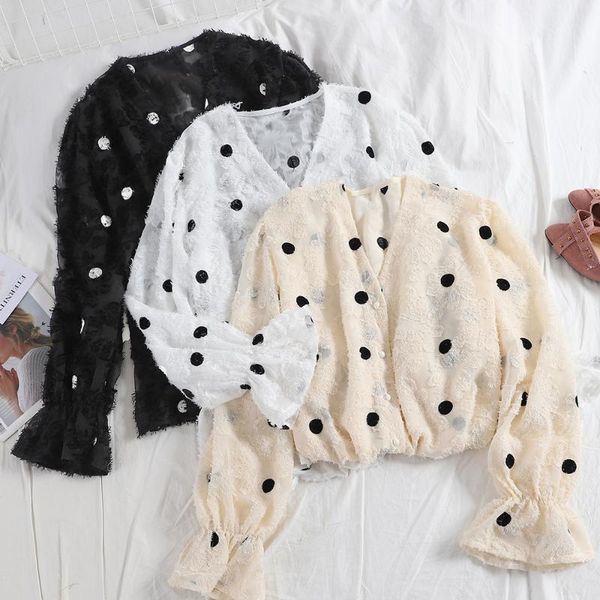 women's blouses & shirts elegant women spring summer flare sleeve v-neck polka dot tassels basic shirt vintage lady cardigan button chi, White
women's blouses & shirts elegant women spring summer flare sleeve v-neck polka dot tassels basic shirt vintage lady cardigan button chi, White