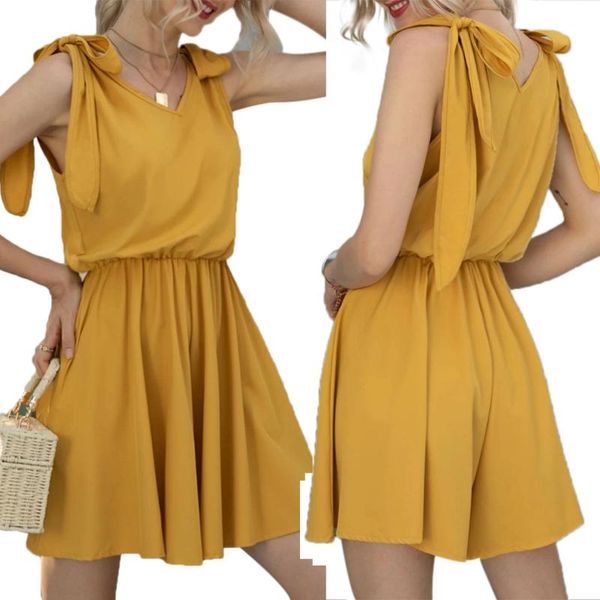 women v neck solid color sleeveless lace up shoulder mini dress elastic waist a line casual dresses, Black;gray
women v neck solid color sleeveless lace up shoulder mini dress elastic waist a line casual dresses, Black;gray