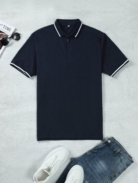 men contrast trim quarter zip polo shirt p90z#, White;black 
men contrast trim quarter zip polo shirt p90z#, White;black