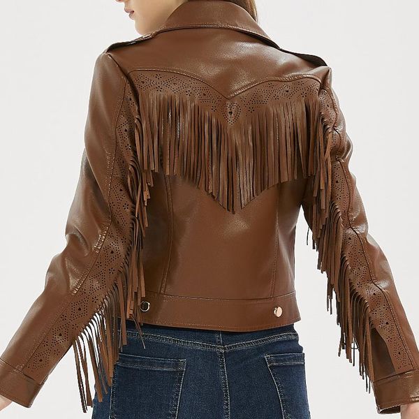 women's leather & faux women long sleeve back brown tassels jacket the misfit fringe brand slim boyfriend style pu coat, Black
women's leather & faux women long sleeve back brown tassels jacket the misfit fringe brand slim boyfriend style pu coat, Black