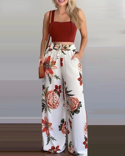 women's two piece pants women solid color camisole & floral print high waist drawstring wide leg set, White
women's two piece pants women solid color camisole & floral print high waist drawstring wide leg set, White