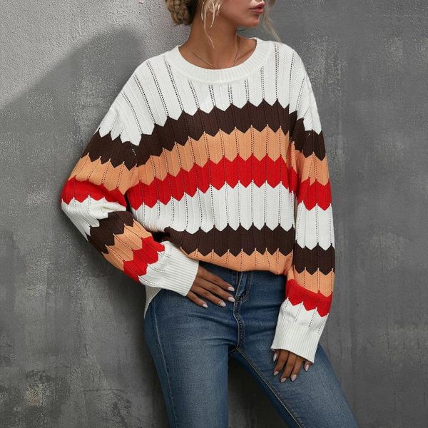 women's sweaters 2021 wavy pattern matching color stripe fashion atmosphere round neck simple short casual contrast knit sweater, White;black
women's sweaters 2021 wavy pattern matching color stripe fashion atmosphere round neck simple short casual contrast knit sweater, White;black
