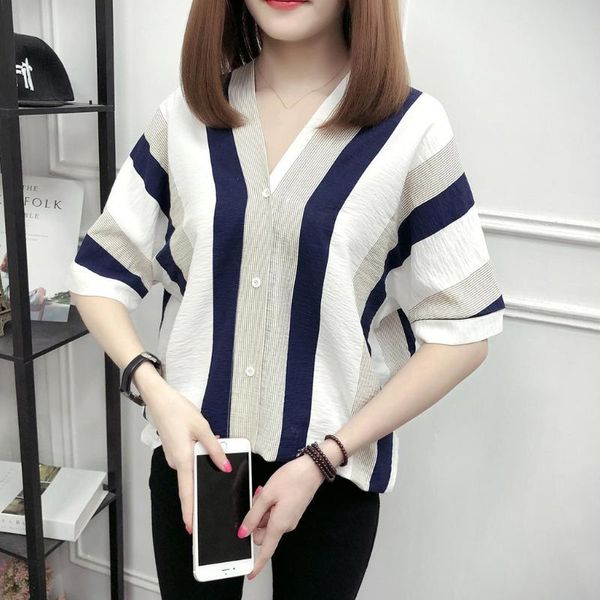 women's blouses & shirts fashion summer elegant v neck button blouse ol casual loose women striped vintage shirt, White
women's blouses & shirts fashion summer elegant v neck button blouse ol casual loose women striped vintage shirt, White