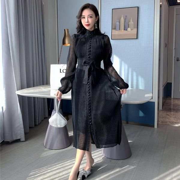 casual dresses burgundy pleated long-sleeved dress woman vintage single-breasted party maxi with belt female autumn vestidos, Black;gray
casual dresses burgundy pleated long-sleeved dress woman vintage single-breasted party maxi with belt female autumn vestidos, Black;gray