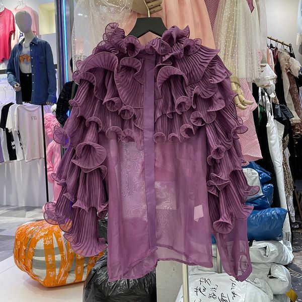 women's blouses & shirts fashion layered ruffled chiffon see-through blouse purple shirt female design high street 2021 summer luxury p, White
women's blouses & shirts fashion layered ruffled chiffon see-through blouse purple shirt female design high street 2021 summer luxury p, White