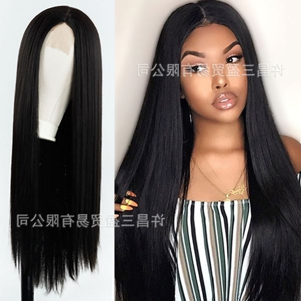 lace wig headgear front women's middle score bangs long straight hair chemical fiber high temperature silk wig, Black
lace wig headgear front women's middle score bangs long straight hair chemical fiber high temperature silk wig, Black
