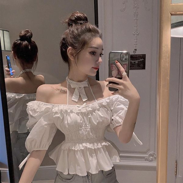 women's blouses & shirts sleeve puff halter crop women clothing ruffles fashion brand summer japan style solid lace up, White
women's blouses & shirts sleeve puff halter crop women clothing ruffles fashion brand summer japan style solid lace up, White