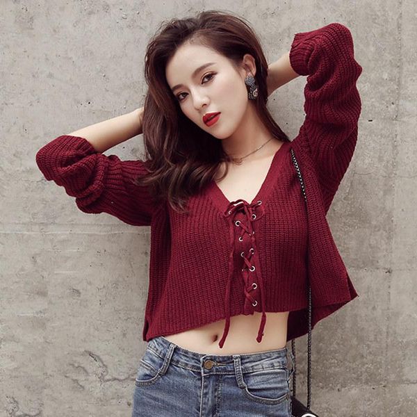 women's sweaters 2021 spring autumn pullover sweater v-neck short crop knitted female casual bandage red, White;black 
women's sweaters 2021 spring autumn pullover sweater v-neck short crop knitted female casual bandage red, White;black