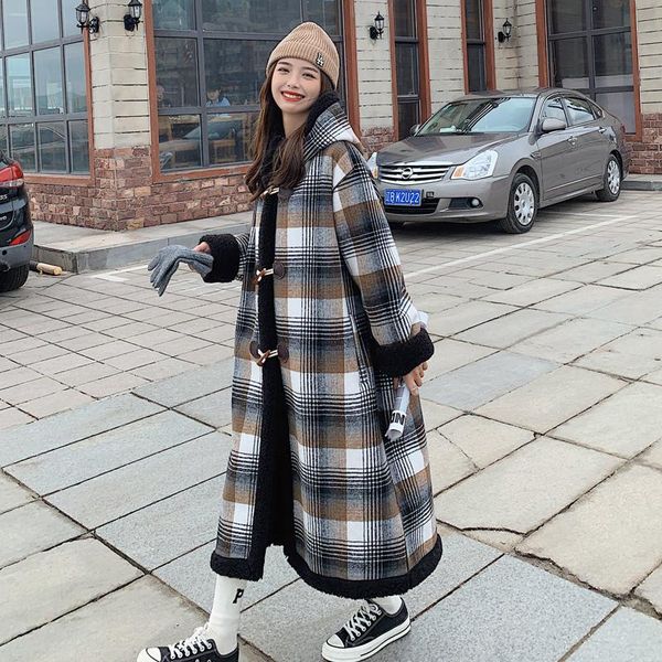 women's wool & blends winter long hooded plaid horn buckle cotton coat style korean loose padded lamb jacket female e188, Black
women's wool & blends winter long hooded plaid horn buckle cotton coat style korean loose padded lamb jacket female e188, Black