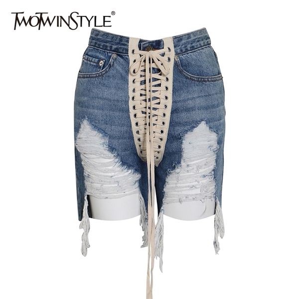 twotwinstyle patchwork cross strap denim women's shorts high waist hole tassel streetwear shorts female summer fashion new 210306, White;black
twotwinstyle patchwork cross strap denim women's shorts high waist hole tassel streetwear shorts female summer fashion new 210306, White;black