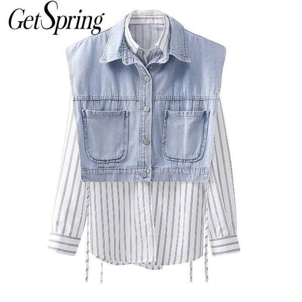 getspring women blouse denim stitching fake two shirt striped long sleeve ladies loose casual woman spring 210601, White
getspring women blouse denim stitching fake two shirt striped long sleeve ladies loose casual woman spring 210601, White