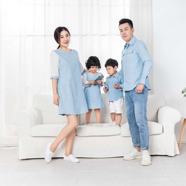 pure 2021 spring and summer new parent-child korean color denim long sleeve shirt mother daughter skirt family drs for three, Blue
pure 2021 spring and summer new parent-child korean color denim long sleeve shirt mother daughter skirt family drs for three, Blue