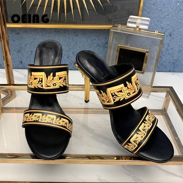 slippers summer women golden high heel mules genuine leather printing slides chic runway sandals outdoor dress beach 2021, Black
slippers summer women golden high heel mules genuine leather printing slides chic runway sandals outdoor dress beach 2021, Black