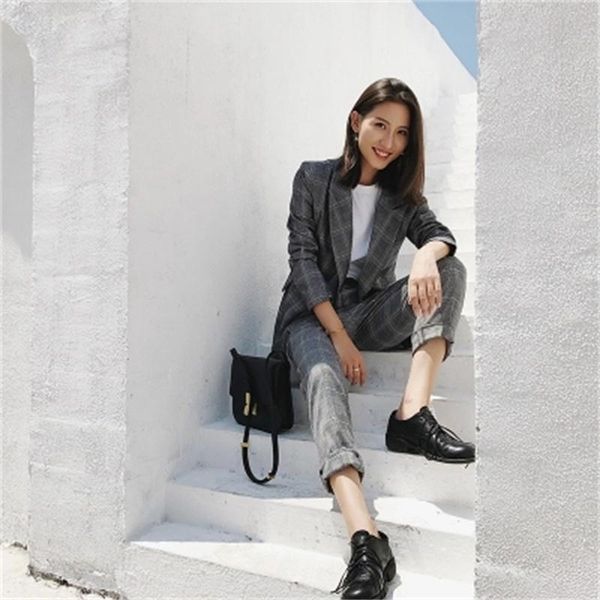 women's suits & blazers autumn fashion casual plaid suit jacket female british wind loose small set two-piece women, White;black
women's suits & blazers autumn fashion casual plaid suit jacket female british wind loose small set two-piece women, White;black