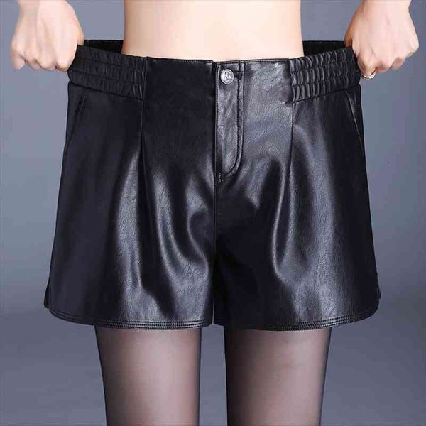 elastic waist leather elegant women shorts fashion high a-line bottoms wide-legged autumn winter, White;black 
elastic waist leather elegant women shorts fashion high a-line bottoms wide-legged autumn winter, White;black