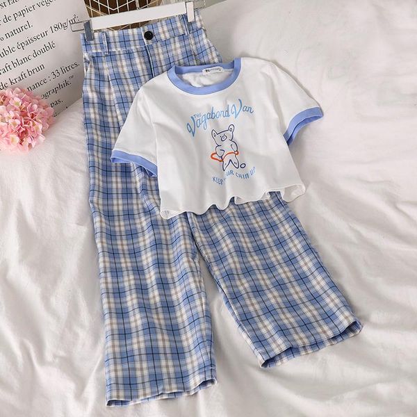 women's two piece pants summer set women casual bear pattern short sleeved t-shirt + wide legged matching, White 
women's two piece pants summer set women casual bear pattern short sleeved t-shirt + wide legged matching, White