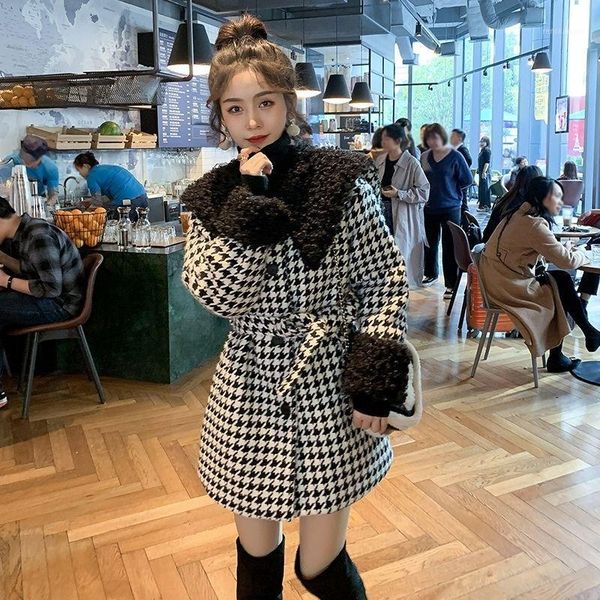 women's wool & blends faux sheep curly collar houndstooth woolen coat women winter loose wild all-match quilted thick trend, Black
women's wool & blends faux sheep curly collar houndstooth woolen coat women winter loose wild all-match quilted thick trend, Black