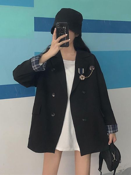 women's suits & blazers spring and autumn 2021 college style loose fashion plaid stitching mid-length long-sleeved suit jacket women, White;black
women's suits & blazers spring and autumn 2021 college style loose fashion plaid stitching mid-length long-sleeved suit jacket women, White;black