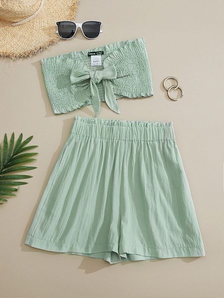 solid shirred tie front tube & skirt set 76va#, White
