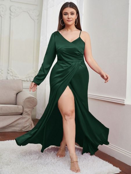plus asymmetrical neck wrap hem prom dress x42c#, Black