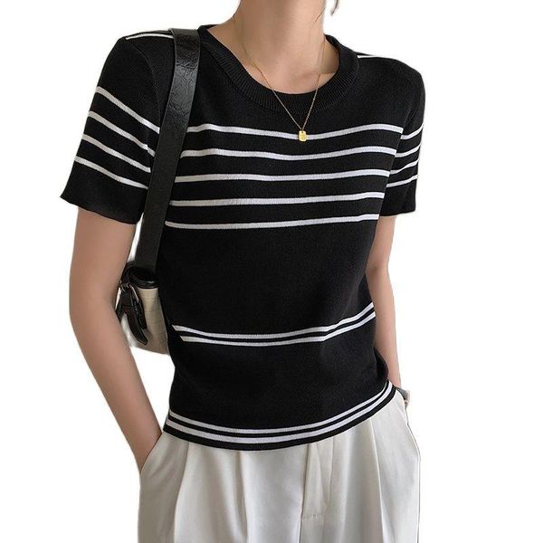 women's t-shirt fashion knitwear spring/summer 2021 striped all-match thin short sleeve, White
women's t-shirt fashion knitwear spring/summer 2021 striped all-match thin short sleeve, White