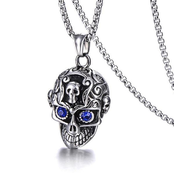 pendant necklaces 1 stone eyed skull men's titanium steel domineering necklace black inlaid red zircon, Silver
pendant necklaces 1 stone eyed skull men's titanium steel domineering necklace black inlaid red zircon, Silver