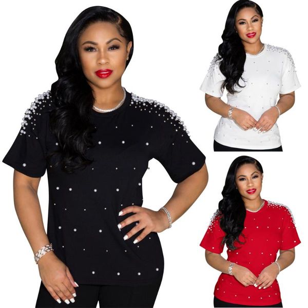 women's t-shirt women short sleeve pearl beading tshirt ladies tee summer solid weekend casual fit round neck basic t shirt, White
women's t-shirt women short sleeve pearl beading tshirt ladies tee summer solid weekend casual fit round neck basic t shirt, White
