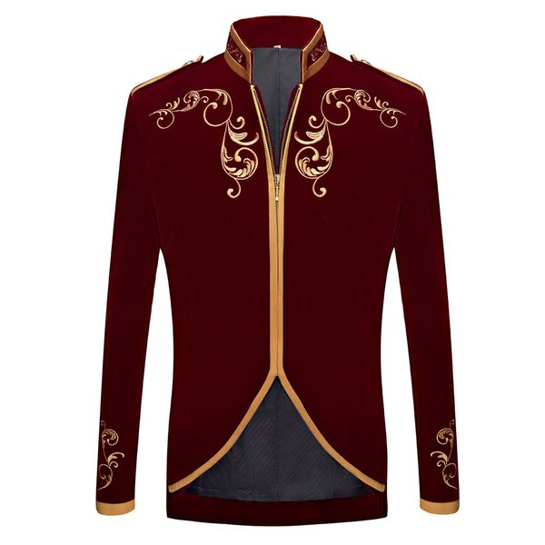 black velvet gold embroidery stand collar zipper jacket mens british style palace prince slim fit coat for wedding groom singer, Black;red
black velvet gold embroidery stand collar zipper jacket mens british style palace prince slim fit coat for wedding groom singer, Black;red