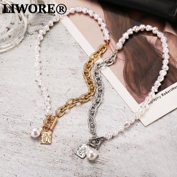 chains liwore vintage baroque pearl chain necklace for women gold tag thick asymmetric clavicle jewelry, Silver 
chains liwore vintage baroque pearl chain necklace for women gold tag thick asymmetric clavicle jewelry, Silver