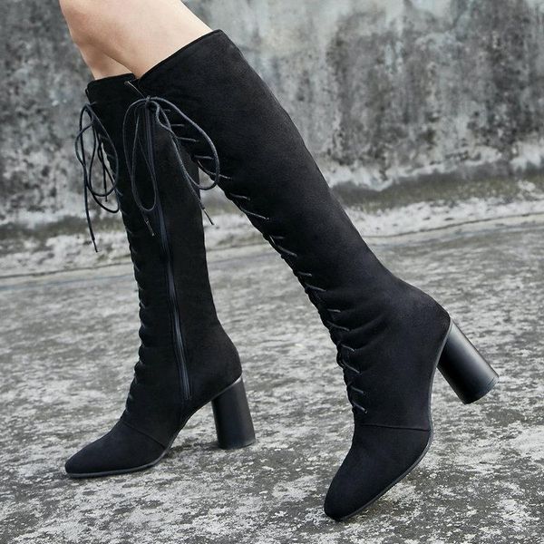 boots black flock leather women knee high lace up fashion round heels autumn shoes winter ladies size 34-48
boots black flock leather women knee high lace up fashion round heels autumn shoes winter ladies size 34-48