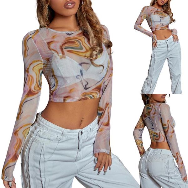 women's t-shirt casual long sleeve t-shirt, fashion perspective mesh print exposed belly button short spice girl top, White
women's t-shirt casual long sleeve t-shirt, fashion perspective mesh print exposed belly button short spice girl top, White