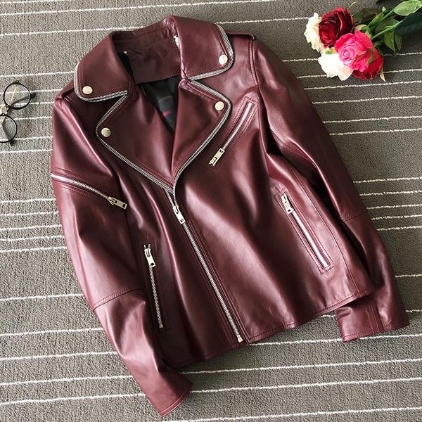 women's leather & faux genuine jacket for women classic ladies moto biker 2021 spring autumn vintage burgundy loose casual outwear, Black
women's leather & faux genuine jacket for women classic ladies moto biker 2021 spring autumn vintage burgundy loose casual outwear, Black