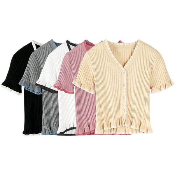 women's t-shirt 2021 summer simple slim woman tshirts korean fashion v neck knit short sleeve cardicans tide all-match single breasted, White
women's t-shirt 2021 summer simple slim woman tshirts korean fashion v neck knit short sleeve cardicans tide all-match single breasted, White