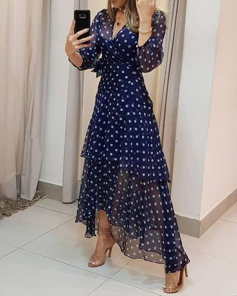 elegant polka dot print women dress layered maxi stylish long party v neck lace up ruffles, Black;gray
elegant polka dot print women dress layered maxi stylish long party v neck lace up ruffles, Black;gray