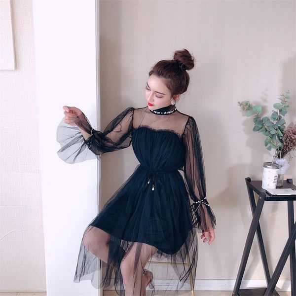casual dresses perspective women's clothing flare sleeve turtleneck a-line autumn style fashion female lace mesh club dress, Black;gray
casual dresses perspective women's clothing flare sleeve turtleneck a-line autumn style fashion female lace mesh club dress, Black;gray