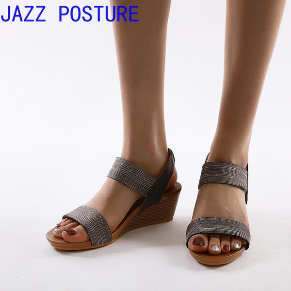 sandals 2021 style women gold/blue wedge elastic plus size wholesale w030, Black