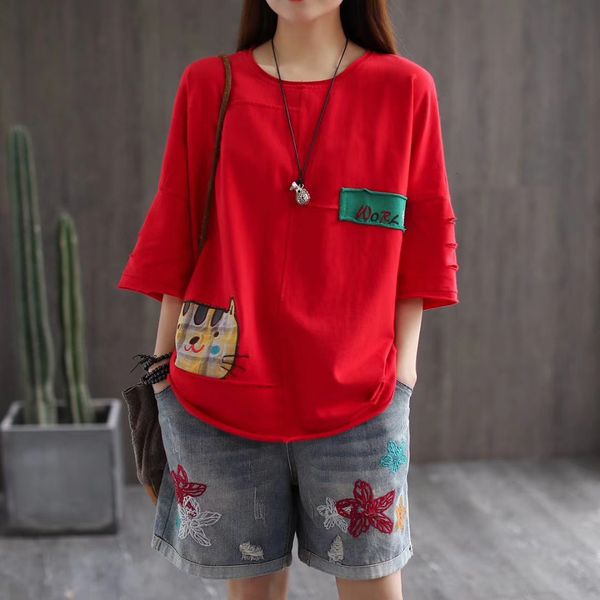 2021 new women summer chic half sleeve cotton cartoon cat patchwork embroidery vintage casual round neck pullover oversize t-shirts urnb, White
2021 new women summer chic half sleeve cotton cartoon cat patchwork embroidery vintage casual round neck pullover oversize t-shirts urnb, White