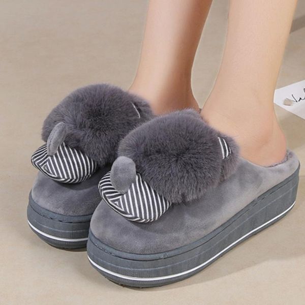 

slippers winter home women warm cotton fabric slipper indoor mute non-slip ears flat shoes fur slides#g4, Black