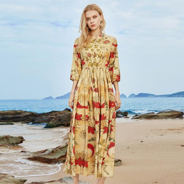 runway designers fashion women vintage floral print long spring dress elegant vacation vestidos, Black;gray
runway designers fashion women vintage floral print long spring dress elegant vacation vestidos, Black;gray