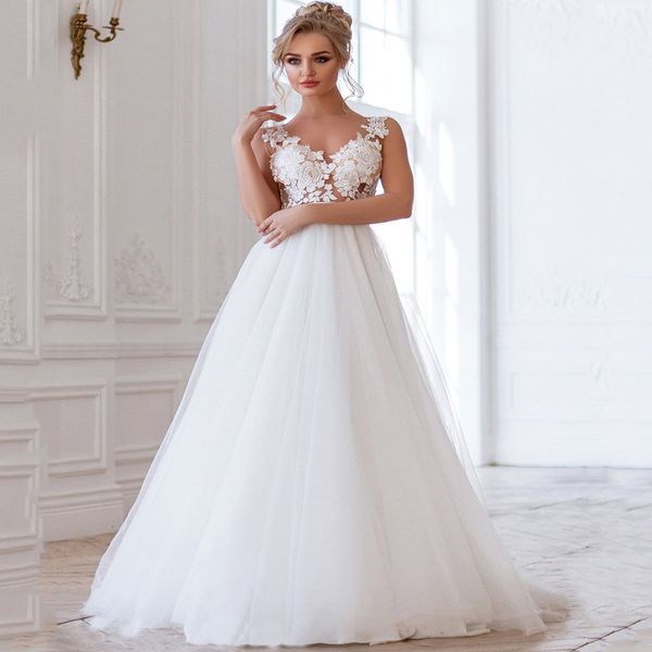 2021 a-line tulle wedding dress v-neck see through appliques lace sleeveless backless bridal gowns robes de mariées, White
2021 a-line tulle wedding dress v-neck see through appliques lace sleeveless backless bridal gowns robes de mariées, White
